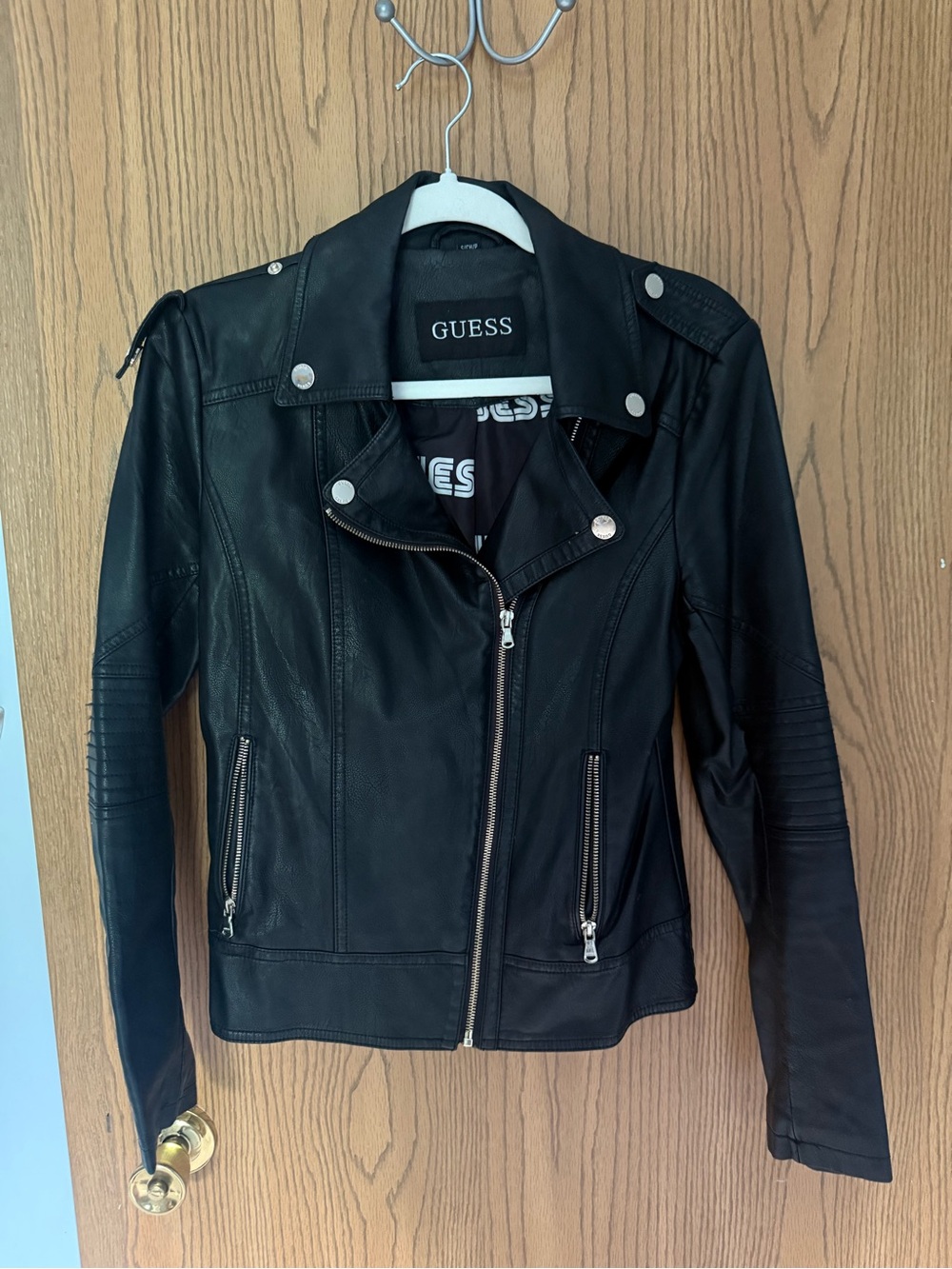GUESS Black Leather Moto Jacket with Silver Hardware